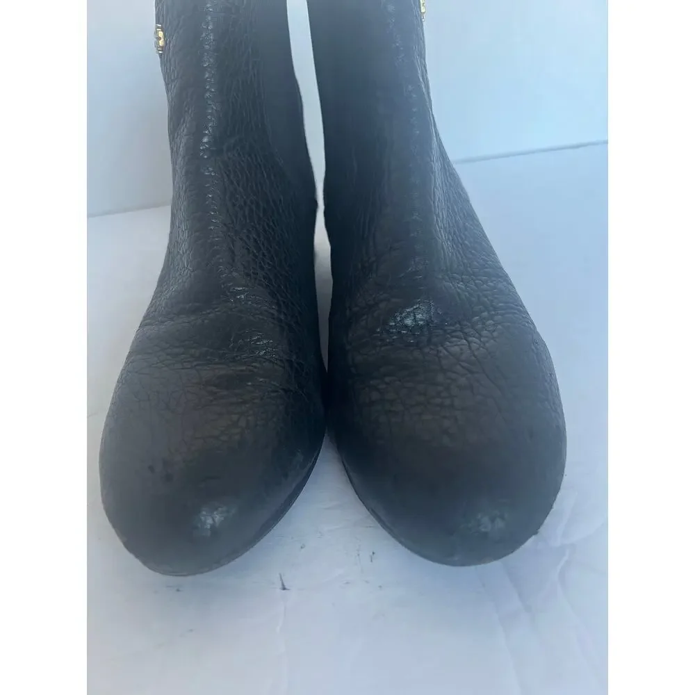 Tory Burch Black Pebbled Leather Back Zip Low Gold Heel Chelsea Ankle Boots 7.5‎